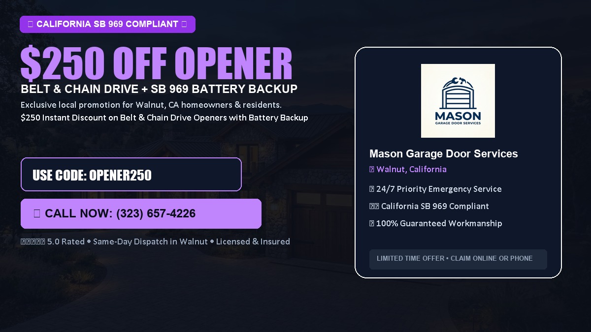 $250 OFF Smart Garage Door Opener Installation (Belt & Chain Drive with California SB 969 Battery Backup) in Walnut, CA